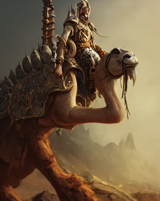 Image similar to Camel, Anthropomorphized, as warlord general on skull throne, full body, magic the gathering artwork, D&D, fantasy, cinematic lighting, centered, symmetrical, highly detailed, digital painting, artstation, concept art, smooth, sharp focus, illustration, volumetric lighting, epic Composition, 8k, art by Akihiko Yoshida and Greg Rutkowski and Craig Mullins, heroic pose, oil painting, cgsociety, Battlefield background, explosions, arrows