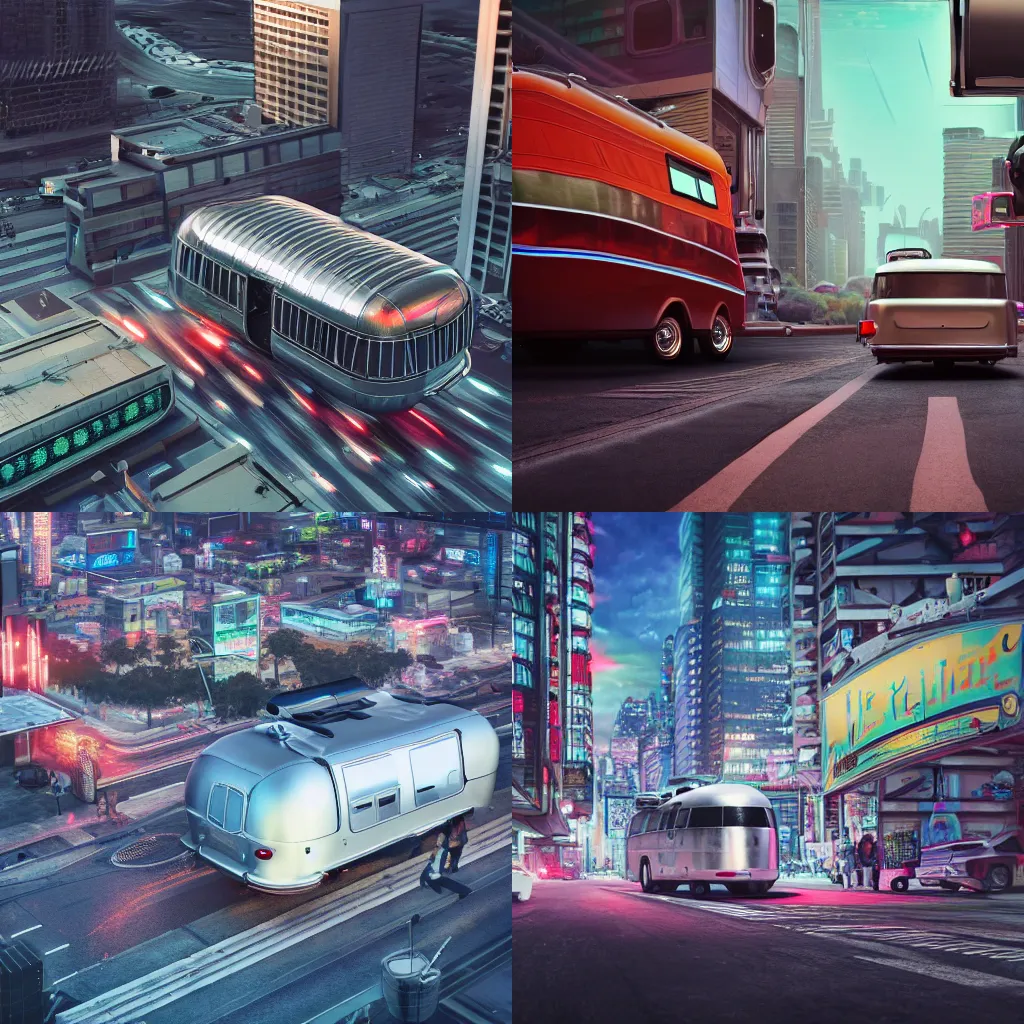 Prompt: An air car with the aesthetics of a vintage airstream trailer, flying through a cyberpunk city. Hyperrealism, photorealism, tilt-shift, high detail, 4K