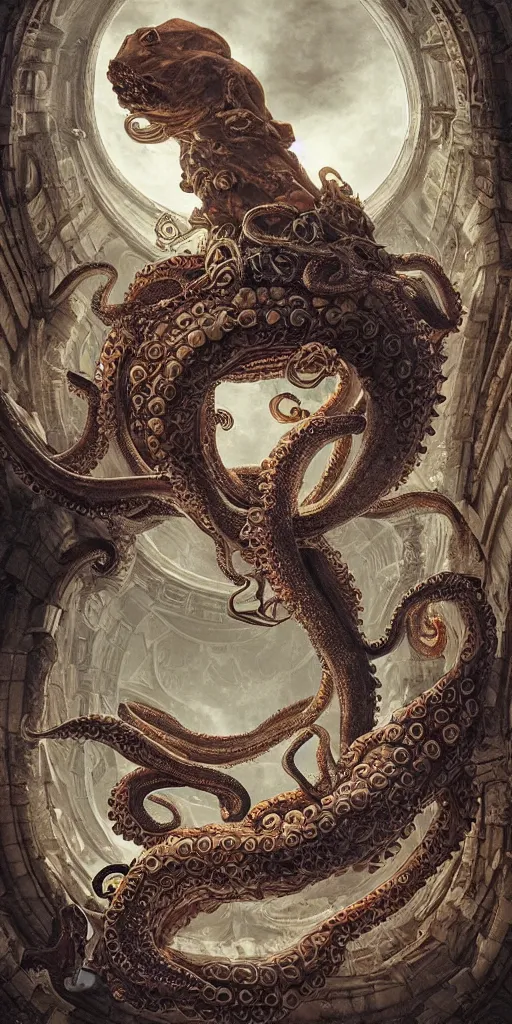 Image similar to epic fight of colorful Ouroboros and enormous octopus floating around inside an ancient mage castle hall colossal scale, gothic and baroque, brutalist architecture, ultradetailed, intricate details by Ellen Jewett and Ayami Kojima