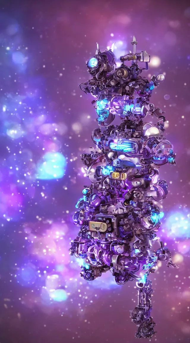 Prompt: toy mechanical monster, hyper detailed, sharp focus, bokeh, unreal engine, ray tracing, cute, fantasy, sci fi, purple flowers, blue flowers, violet flowers, glowing flowers, tiny, small, hyper realistic, sky