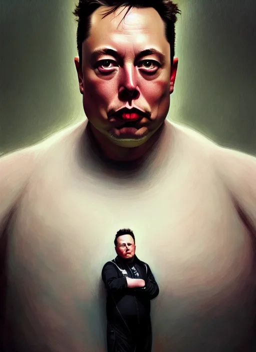 Image similar to obese elon musk, portrait, intricate, elegant, highly detailed, digital painting, artstation, concept art, wallpaper, smooth, sharp focus, illustration, art by h. r. giger and artgerm and greg rutkowski and alphonse mucha