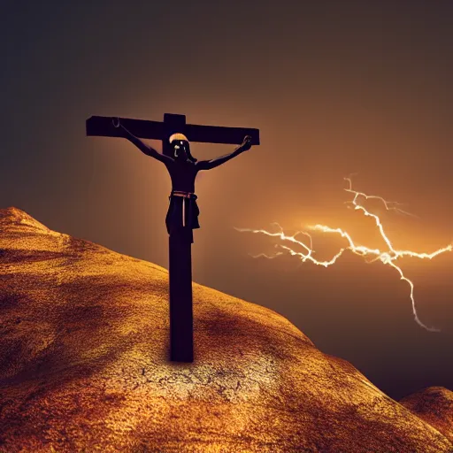 Prompt: Jesus on the Cross on a hilltop at night struck by bolt of lightning, tilt shift, 4k, award winning photo, highly detailed, dramatic lighting, octane render, blender, ultra detailed