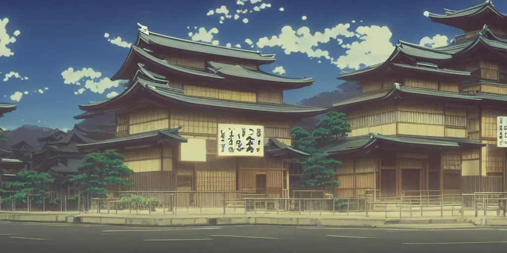 Prompt: close up front view of a japanese building facade with signs on it, a screenshot from the anime film by Makoto Shinkai, global illumination, HD wallpaper, exaggerated lighting