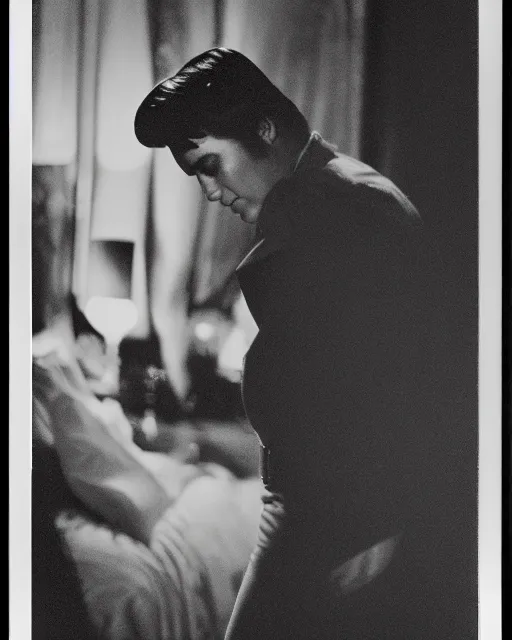 Prompt: elvis presley ’ s face in profile, in the style of the dutch masters and gregory crewdson, dark and moody