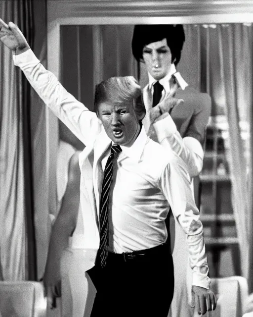 Image similar to donald altrump as orange suited tony manero in saturday night fever dancing at a funeral home with coffins, cinematic, 1 9 7 0 s style