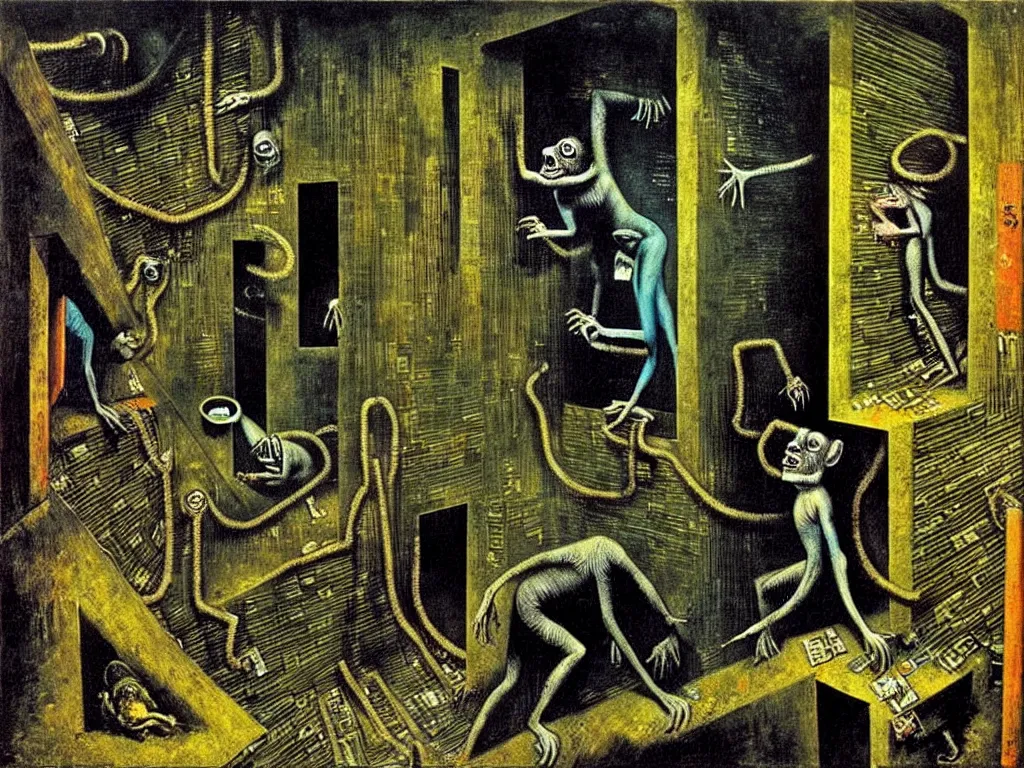 Image similar to bitcoin basement dweller, decadence and despair, underground ratman, art by max ernst