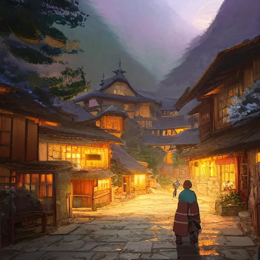 Image similar to concept art painting of a cozy village at night in a mountainous forested valley, historic european and japanese architecture, realistic, detailed, cel shaded, in the style of makoto shinkai and greg rutkowski and james gurney