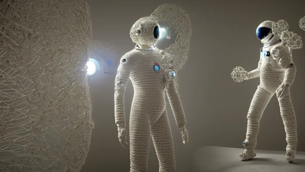 Image similar to a cybernetic symbiosis of a single astronaut eva suit made of pearlescent wearing knitted yarn thread infected with diamond 3d fractal lace iridescent bubble 3d skin covered with stalks of insectoid compound eye camera lenses floats through the living room, film still from the movie directed by Denis Villeneuve with art direction by Salvador Dalí, wide lens,