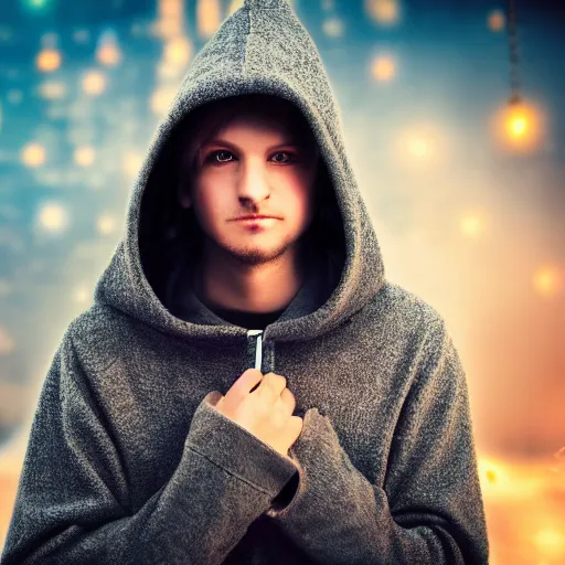 Image similar to portrait of a mysterious wizard with a Hood, bright eyes, fantasy, bokeh, magic lights, cinematic