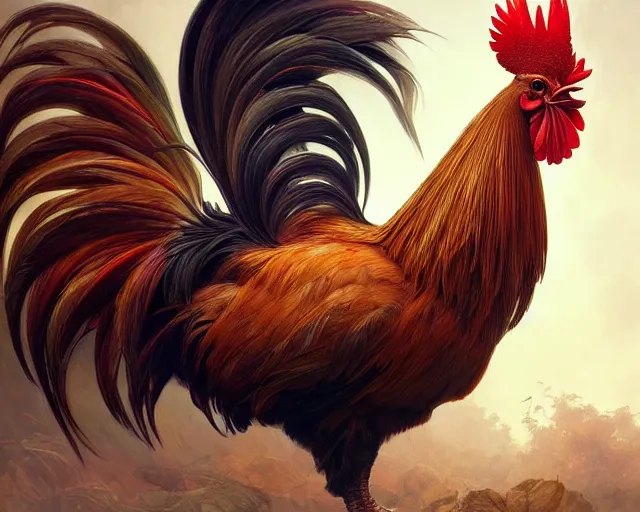 Image similar to realistic photography of a rooster, deep focus, intricate, elegant, highly detailed, digital painting, artstation, concept art, matte, sharp focus, illustration, art by artgerm and greg rutkowski and alphonse mucha