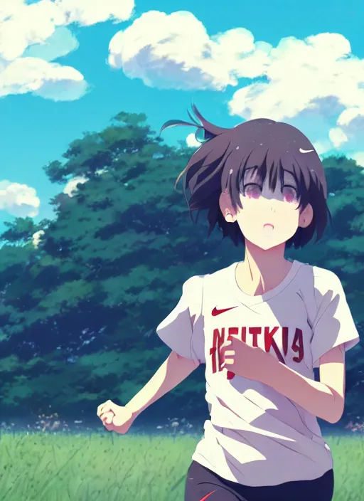 Image similar to portrait of high school runner girl, sunny sky background stadium landscape illustration concept art anime key visual trending pixiv fanbox by wlop and greg rutkowski and makoto shinkai and studio ghibli and kyoto animation real face short down hair sports clothing marathon race sponsors nike shirt