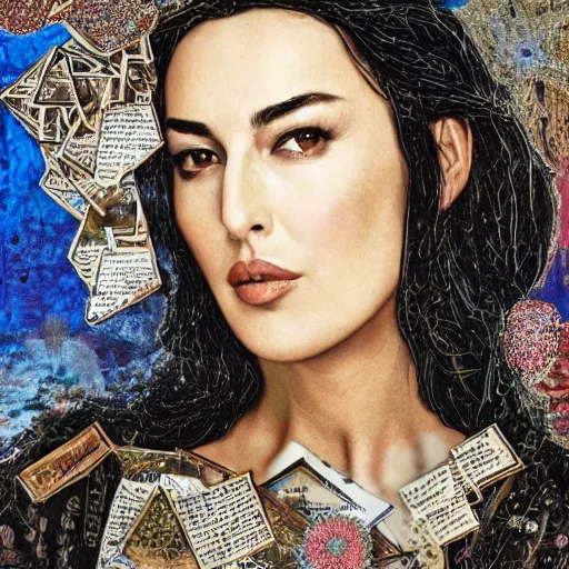 Image similar to a beautiful!!! collage art portrait of Monica Bellucci constructed from pages from alchemical grimoires, 8K, highly detailed, cryptic and mysterious, hypermaximalist, photorealistic