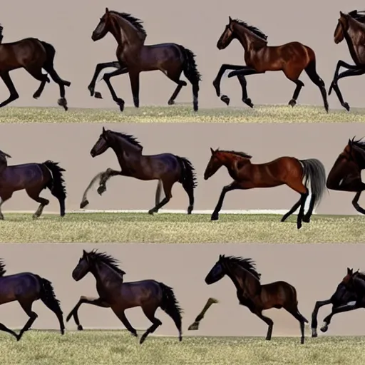 Image similar to an animation of the same horse running left to right shot frame by frame, separated into equally sized frames, from'animation types'