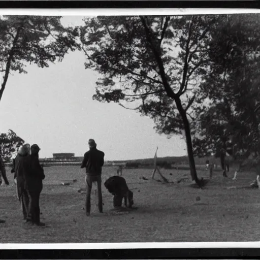 Prompt: photograph of people worried about the object in the horizon