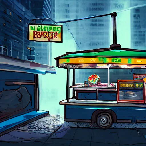 Image similar to the God Neptune trying to make a living selling burgers out of a food cart on a grimy subway platform in a cyberpunk city, 4k, digital art