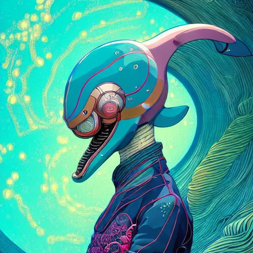 Image similar to a beautiful hyperdetailed character design 4 k wallpaper illustration of a cute dolphin, victo ngai cyberpunk style, from china, style of studio ghibli, makoto shinkai, raphael lacoste, louis comfort tiffany, artgerm, james jean, ross tran, chinese style