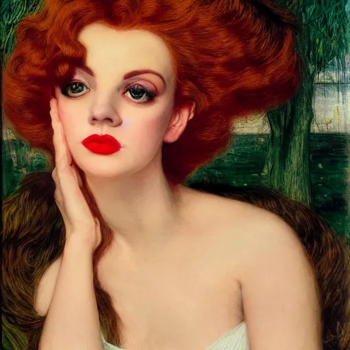 Image similar to portrait of a hybrid of judy garland and lady gaga, marfan syndrome, brown fringe, full lips, large downward slanting eyes, holman hunt, john william waterhouse, kilian eng, rosetti, john everett millais, william holman hunt, 4 k