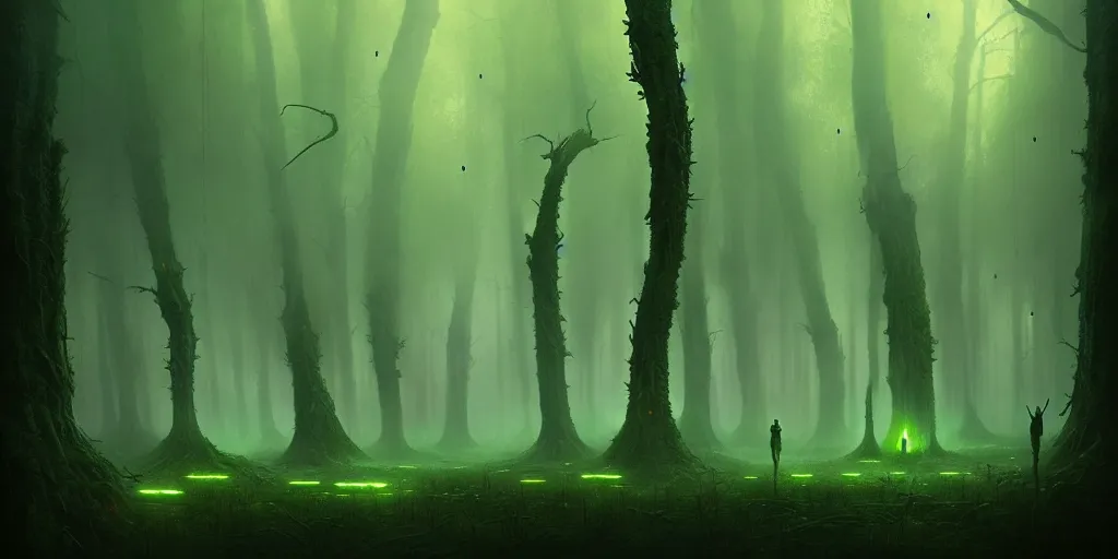 Prompt: strange alien forest, glowing fungus, misty, green glowing horizon, fireflies, ultra high definition, ultra detailed, symmetry, sci - fi, dark fantasy, by greg rutkowski and ross tran