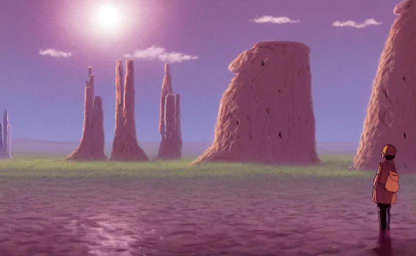 Image similar to a realistic cell - shaded studio ghibli concept art from paprika ( 2 0 0 6 ) of a flying cube from close encounters of the third kind ( 1 9 7 7 ) in a flooded monument valley stonehenge with giant trees on a misty starry night. very dull colors, action shot, hd, 4 k, hq