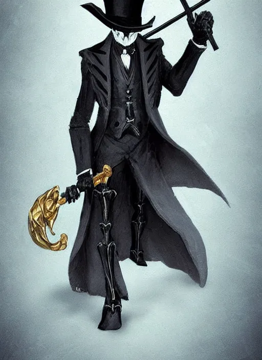 Image similar to DND character concept, skeletal male figure, wearing a deep black suit!!! and tie and top hat, holding a gold! cane!. Surrounded by light blue!!! flames!!