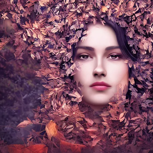 Image similar to a highly detailed digital image of an elegant woman surrounded and engulfed in leaves, matte background, artstation, detailed woman, stunning volumetric lighting, elegant, fantasy, 4k, 8k