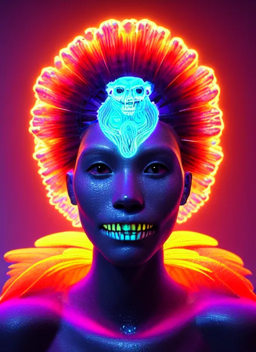 Prompt: 3 d goddess portrait, 8 k micro details global illumiantion beautiful intricate highly detailed quetzalcoatl skull and feathers. bioluminescent, plasma, lava, ice, water, wind, creature, thunderstorm! artwork by tooth wu and wlop and beeple and greg rutkowski, trending on artstation,