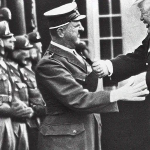 Image similar to world War 2 photograph of a happy Donald Trump shaking hands with Adolf Hitler, highly detailed, award winning photography, 4k, 8k, moody lighting