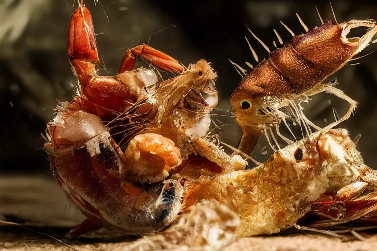 Prompt: an animal trainer fights a shrimp twice his size, Highly detailed, Cinematic. Balanced. 4k, Realistic, detailed.