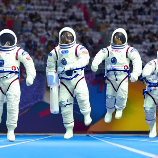 Prompt: 5 space astronauts in spacesuits running in a relay race in a stadium, each astronaut in different colors, olympic relay race. athens games