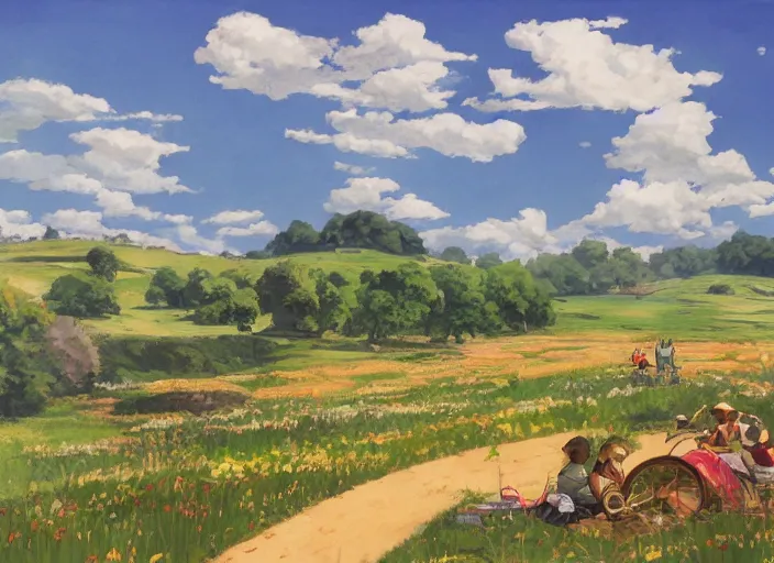 Prompt: a vast open meadow and rolling hills, pleasant village, stream river, kites in air, large fluffy clouds, painted by studio ghibli