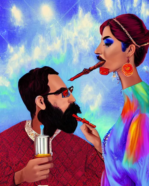 Prompt: chad bearded guy smoking hookah on a date with girl in turkish national dress, acid trip style, artwork, 4 k