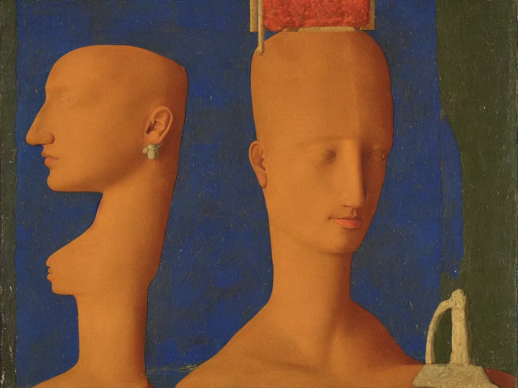 Image similar to portrait of a head with vase, amphora. lapis lazuli, malachite, cinnabar, gold. painting by piero della francesca, balthus, agnes pelton