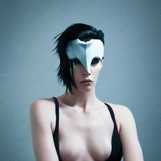 Image similar to a ghost in the shell inspired full shot photographic portrait of a woman in a complex top model pose wearing top urban futuristic fashion clothing