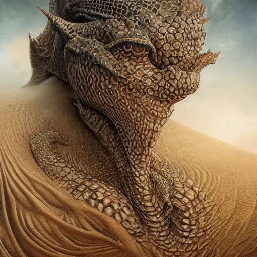Prompt: a hyperrealistic illustration of a scaly monster covered in sand, sand flowing from the monsters body, desert with rocks with fractal sunlight, award-winning, masterpiece, in the style of Tom Bagshaw, Cedric Peyravernay, Peter Mohrbacher