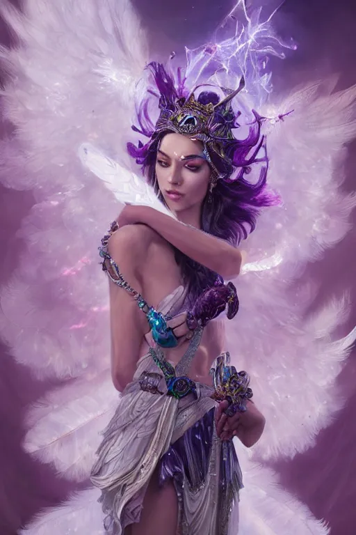 Image similar to beautiful model wearing crystal white feather, sorcerer in purple ornate,, diamonds, angel, fantasy, dramatic lighting, highly detailed, digital painting, holding electricity, magic the gathering, hyper detailed, 3 d render, hyper realistic detailed portrait, peter mohrbacher, wlop, ruan jia