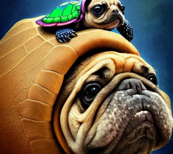 Image similar to a cute little turtle riding on the back of a pug, digital art, colourful