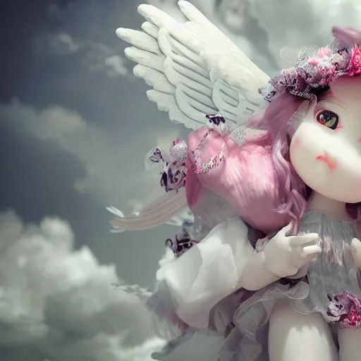 Prompt: cute fumo plush of a divine angel, gothic maiden, ribbons and flowers, ruffled wings, feathers raining, particle simulation, clouds, vray, horror storybook illustration