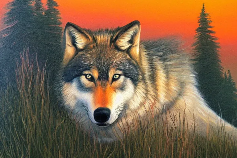 Image similar to wolf on the mountain, extremely detailed oil painting, sunset, orange gradient, 8k