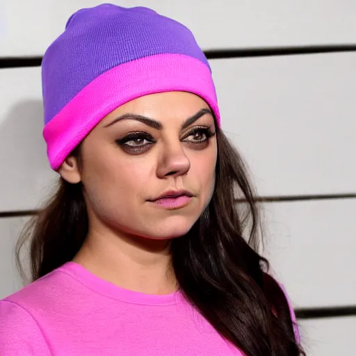 Prompt: Mila Kunis, wearing a pink round beanie cap and pink shirt and oval eyeglasses, looking at camera