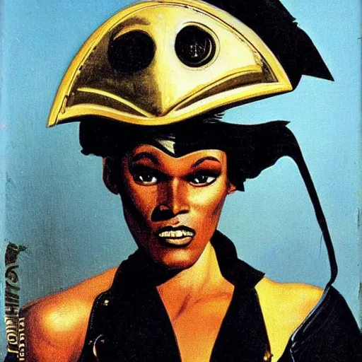 Image similar to Swashbuckling female pirate in space, grace jones, courbet