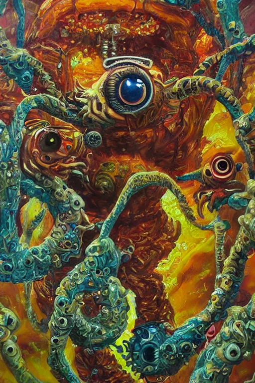 Image similar to oil painting, close-up, hight detailed, creature with six eyes and tubes with flowers everywhere at red planet, in style of 80s sci-fi art, neodada