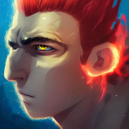 Image similar to headshot portrait of male anime character extremely sharp jaws slit yellow eyes medium red hair by anato finnstark, tom bagshaw, brom