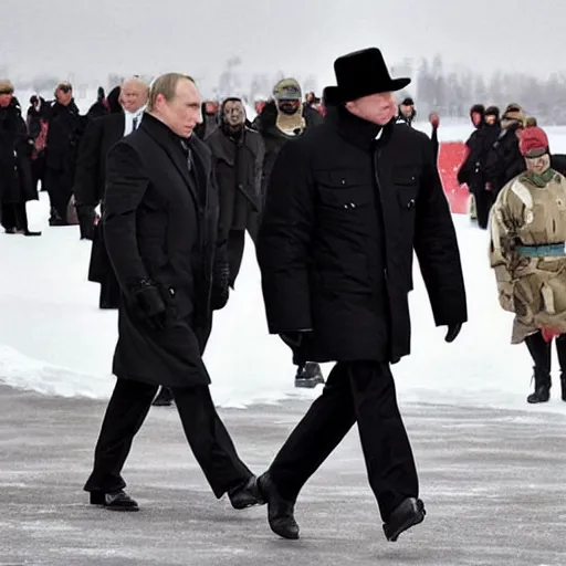 Image similar to putin wearing a black leather hat, facing the camera, cool looking