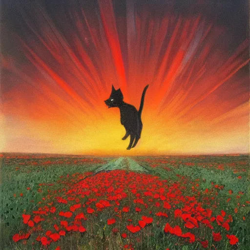 Prompt: a masterpiece painting by alfred mucha : a small black cat taking the sun in a poppy field with a red sunset in the background