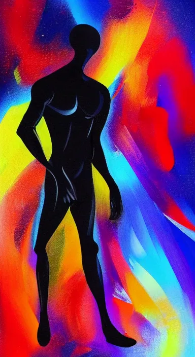 Image similar to black background, a thin, athletic physique man's body made of abstract, thick flowing dramatic bright brush strokes, no face, strong wind, matte colors, impressionist, extreme motion, trending on artstation