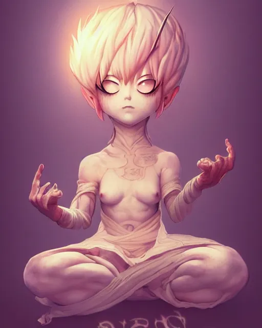 Image similar to a tiny cute demon floating while meditating and wrapped in sacred scrolls, smooth, intricate, elegant, digital painting, artstation, power runes, pulsing energy, concept art, sharp focus, octane render, illustration, art by shintaro kago, overwatch character,