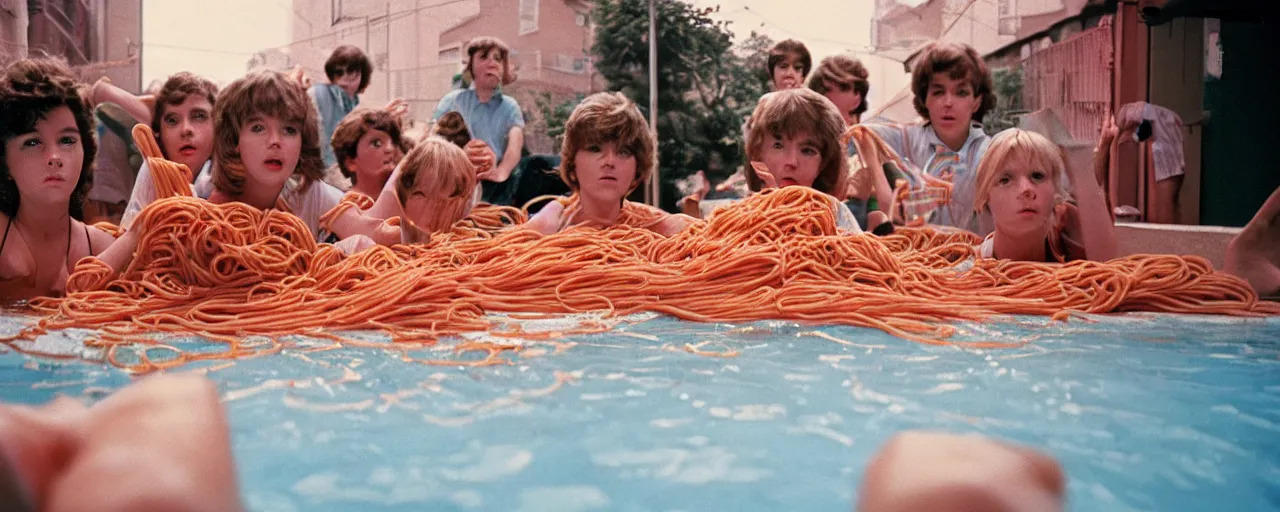 Prompt: 1 9 8 0's kids playing in a pool of spaghetti, detailed, canon 2 0 mm, wes anderson, kodachrome