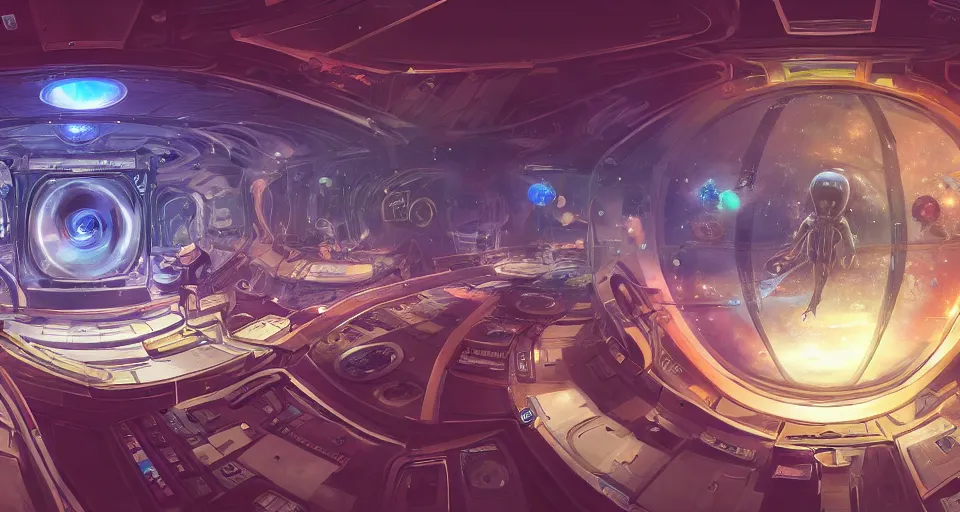 Prompt: A beautiful artwork illustration, inside of an alien ship, cluttered with charts, images, and holograms of planets, featured on artstation, wide angle, horizontal orientation