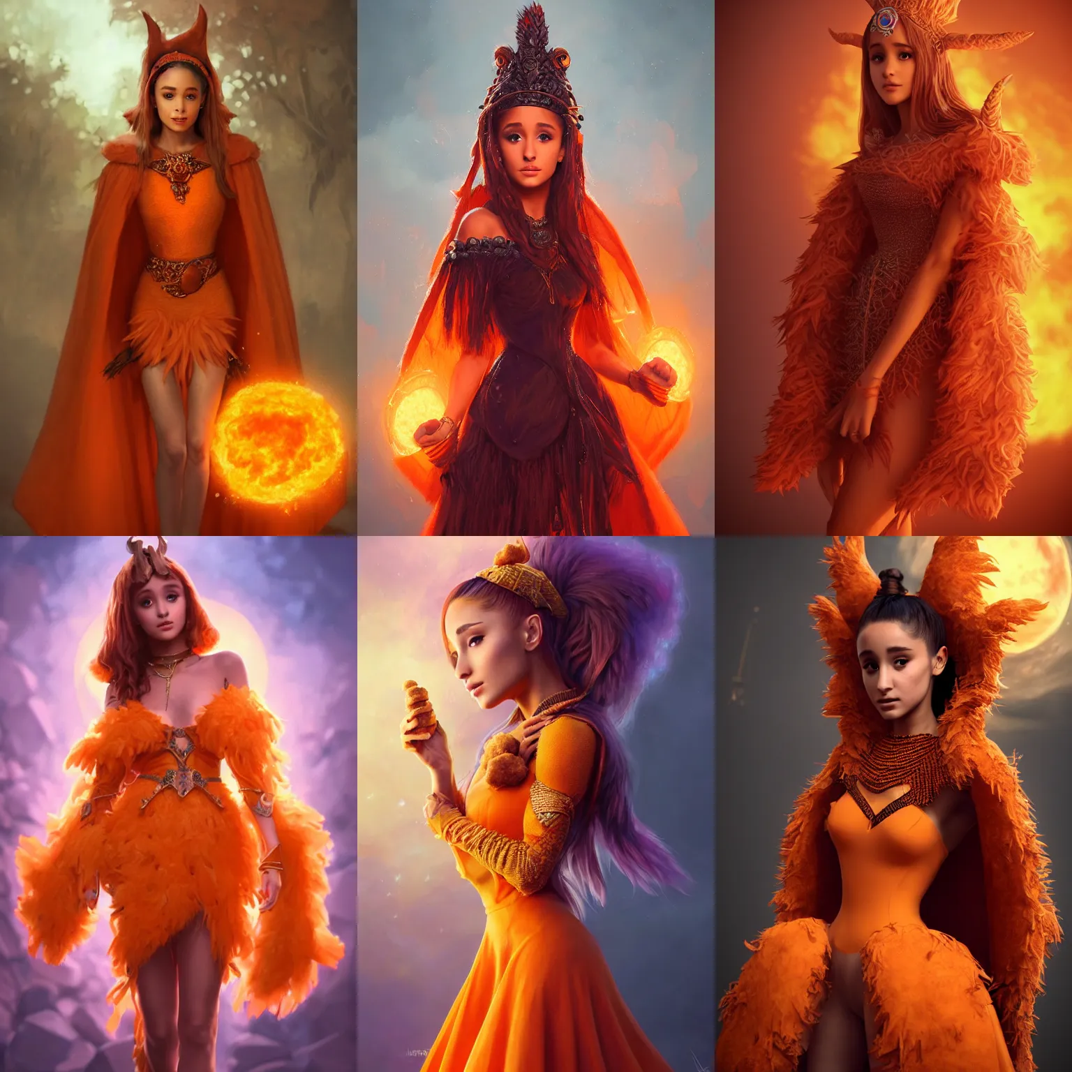 Prompt: ultrarealistic fantasy portrait mage ariana grande, orange dress made out of ( chicken nuggets ) ( chicken nugget ) mantle gothic ( chicken nugget ) cloak with intricate details, fantasy character octane render, cinematic lighting, volumetric lighting, artstation, dnd art, cgsociety, sharp focus, digital painting by artgerm, gerald brom, wlop