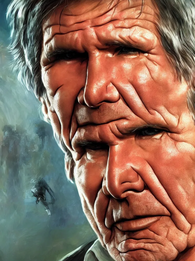 Prompt: harrison ford, close up, intricate, looking at camera, extremely detailed, sharp focus, concept art, illustration, sci-fi, volumetric lighting, art by Alex Ross